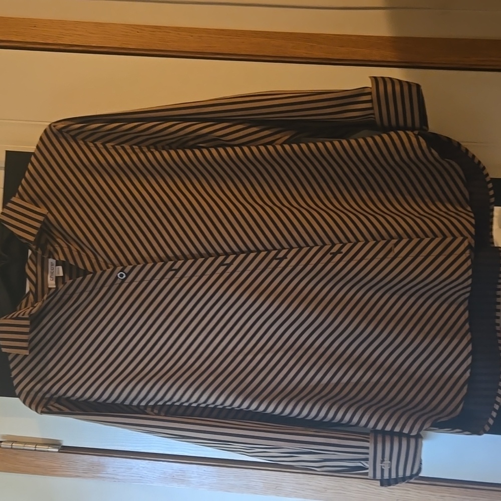 Black and tan stripes long sleeve chicos button down shirt size Large